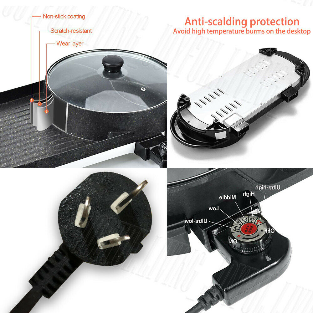2400W Electric 2-in-1 Hot Pot & BBQ Grill - Smokeless, Non-Stick, With Tempered Glass Lid