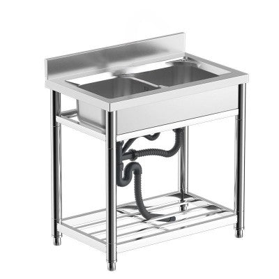 Free Standing Sink and Indoor or Outdoor Sink Stainless Steel 76x75x40 cm Double Sink Undershelf - AUPK