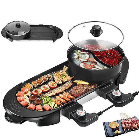 Electric 2 in 1 Hot Pot Hotpot BBQ Grill Oven Smokeless Barbecue Pan Machine - AUPK