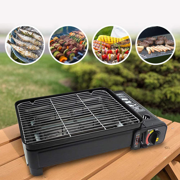 Portable Gas Stove Burner Butane BBQ Camping Gas Cooker With Non Stick Plate Black - AUPK