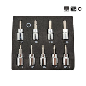 9 pcs Allen Key Hex Bit Socket H2 H3 H4 H5 H5.5 H6 H7 H8 H10 Chrome Vanadium Steel 3/8" - AUPK