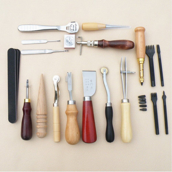 Professional 18 Pcs Leather Craft Tools Kit Hand Sewing Stitching Punch Carving Work Saddle Leathercraft Accessories - AUPK